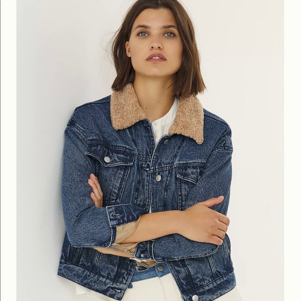 Anthropologie Sherpa Trimmed Denim Jacket